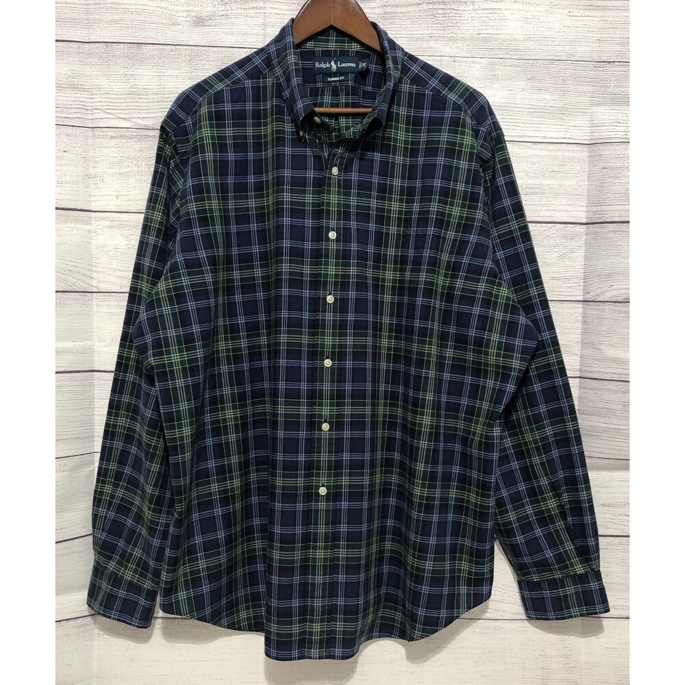 Ralph Lauren Shirt Men 2XL Blue Tartan Plaid Classic Fit Pony Cotton Buttons EUC